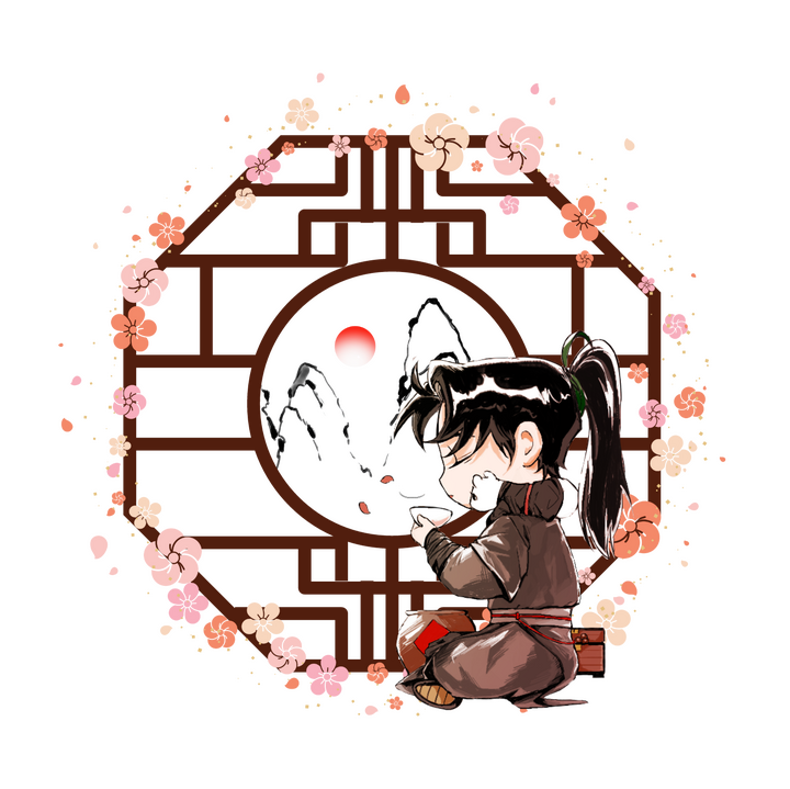 Illustration of cheongmyeong drinking tea beside a wooden window onlooking mount hua